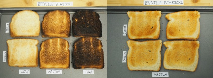 breville die-cast 4-slice long slot - toasting one slice of bread in each of the breville&#039;s slots tended...