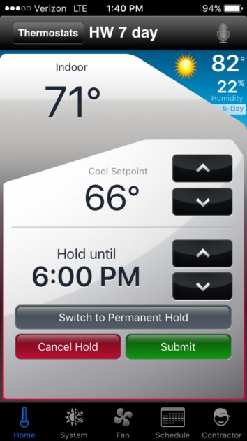 honeywell wifi 7-day programmable - the home screen on the honeywell app when connected to the 7-day.