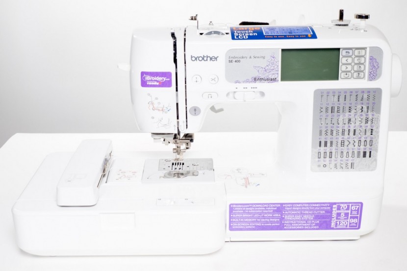 sewing machine - the brother se400 with attached embroidery foot.