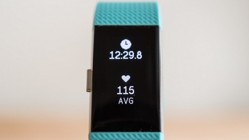fitbit charge 2 - the charge 2 in the midst of tracking a simulated workout.