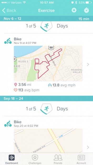 the fitbit app will show a breakdown of all your recent activities.