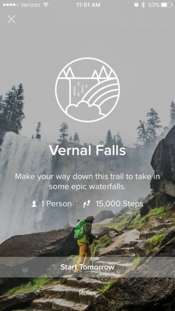 taking a virtual "adventure" to vernal falls with the fitbit app.
