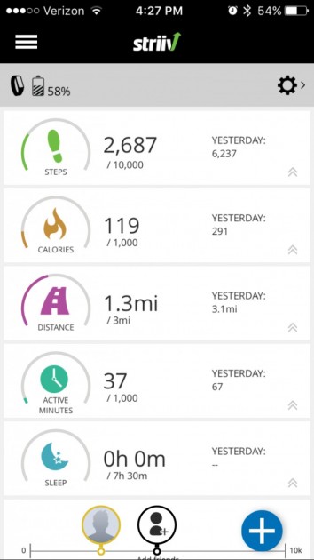 the home screen with basic stats on the striiv mobile app.