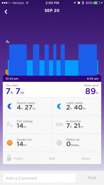 jawbone up move - sleep stats captured by the jawbone tracker