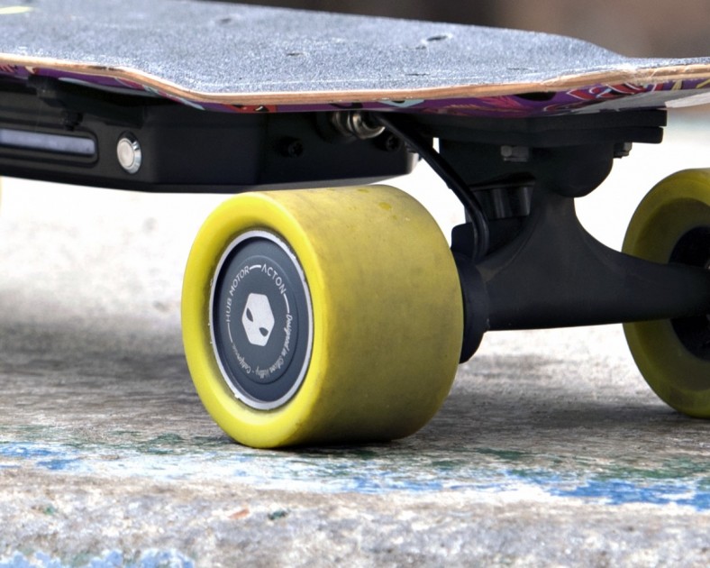 electric skateboard - the acton has a motor built inside the wheel, known as a hub motor.