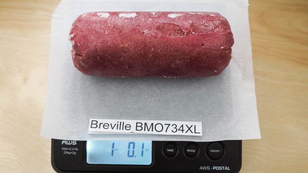 breville quick touch - weighing the frozen log of ground turkey before testing the...