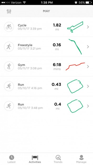 some sample activity history logged by the tomtom.