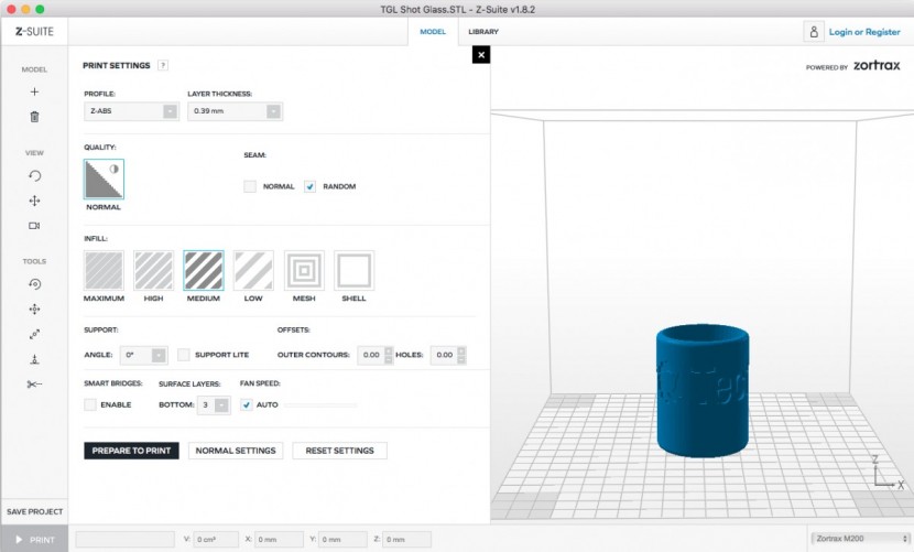 zortrax m200 - the z-suite proprietary slicing software.