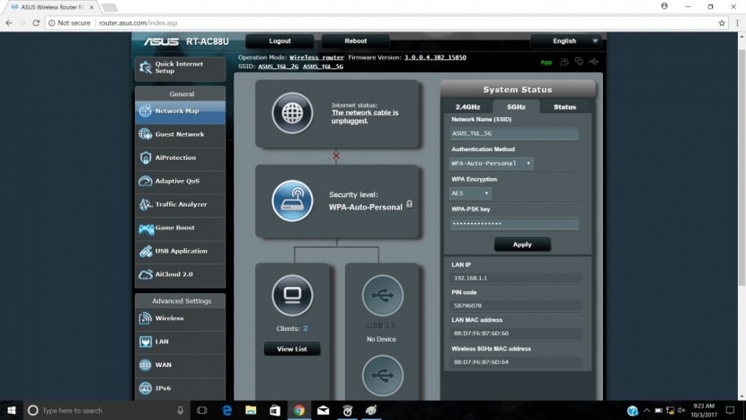 asus rt-ac88u wireless-ac3100 - the setup home screen of the rt-ac88u.