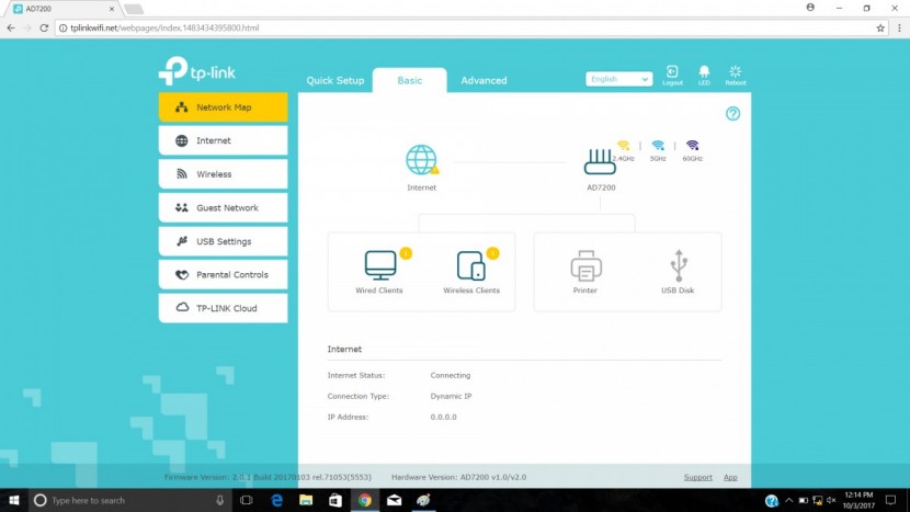 tp-link ad7200 (talon ad7200) - the basic home screen of the talon.