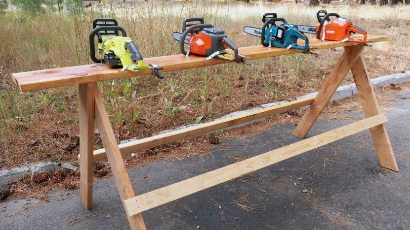 battery chainsaw - to measure runtime we secured the saws to a workbench and held the...