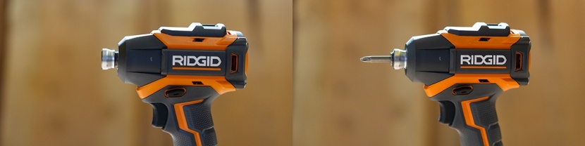 impact driver - inserting a bit into the chuck of the ridgid cocks the spring-loaded...