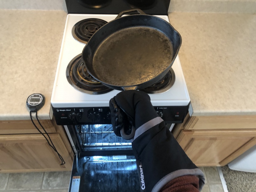 oven mitts - insulation test. here the pan is heated to 500 degrees and then...