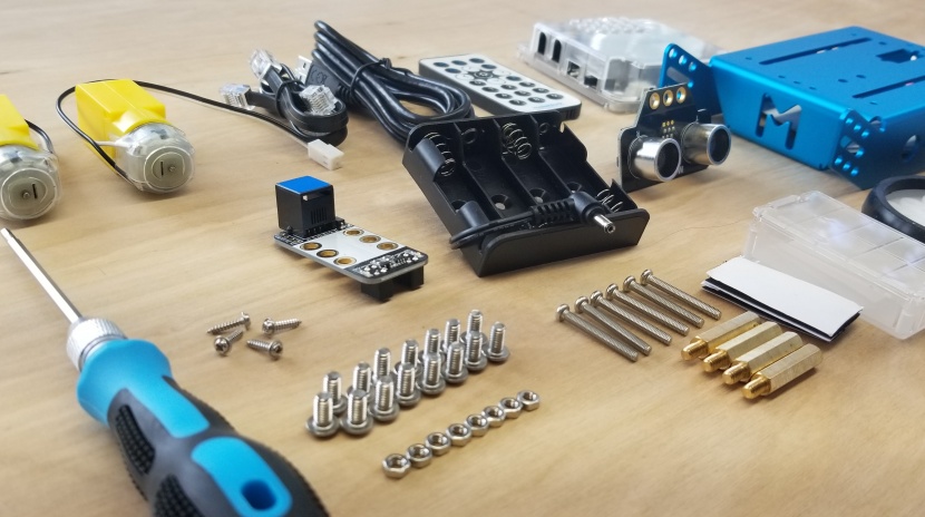 kids robot - all the parts of the mbot are getting ready for assembly.