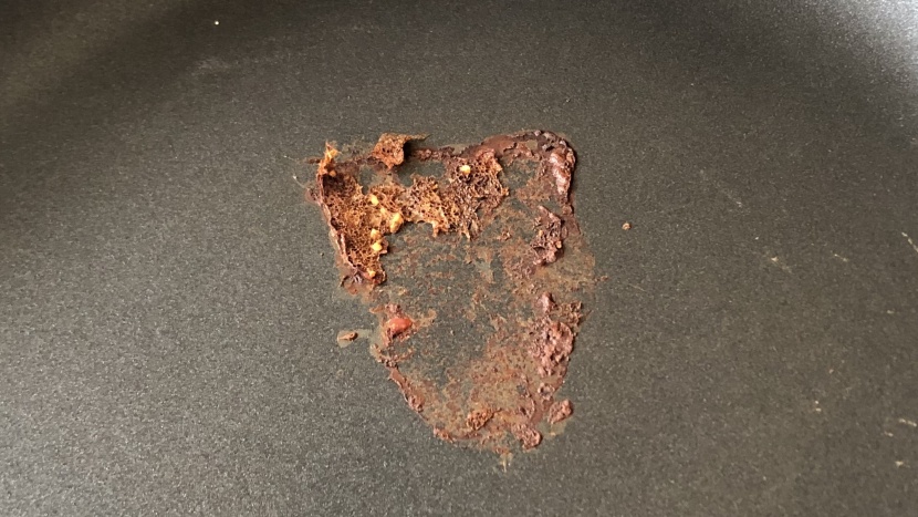 nonstick pan - here we see the results of a low-scoring pan in the searing test.