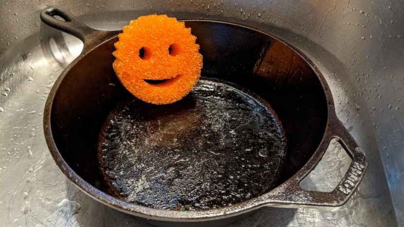 sponge - cast iron pans can be notoriously oily, particularly if you do not...