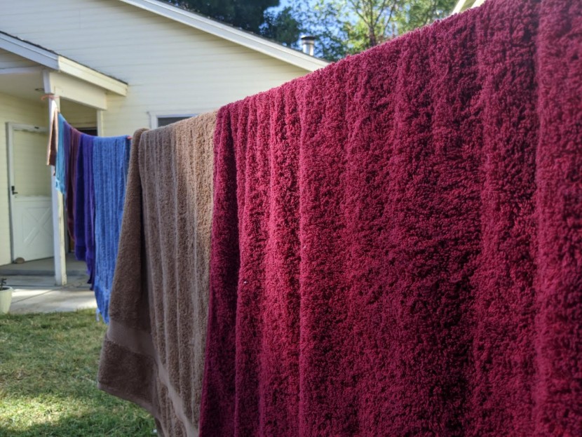 bath towel set - our contenders hanging in the summer air. we measured drying time by...