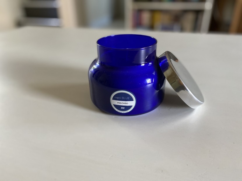 capri blue with metal lid.
