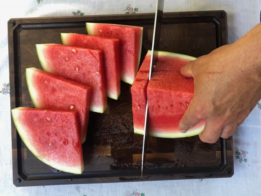 cutting board - with razor-sharp blades, we went to work testing the knife...