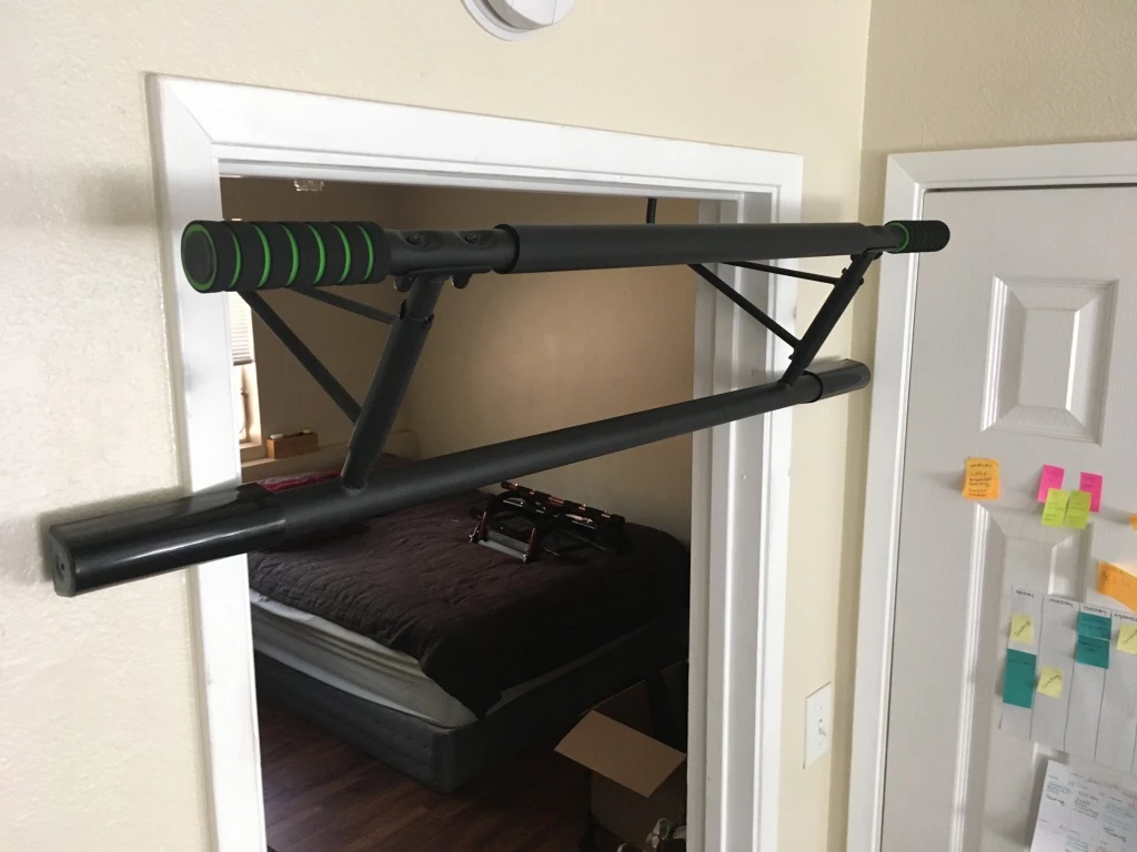 pull up bar - this bar folds flat for easy storage when you want to take it down.