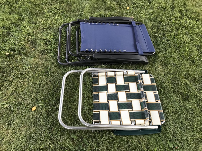 lawn chair - the webbing chair folds down, and weighs about a quarter of any of...