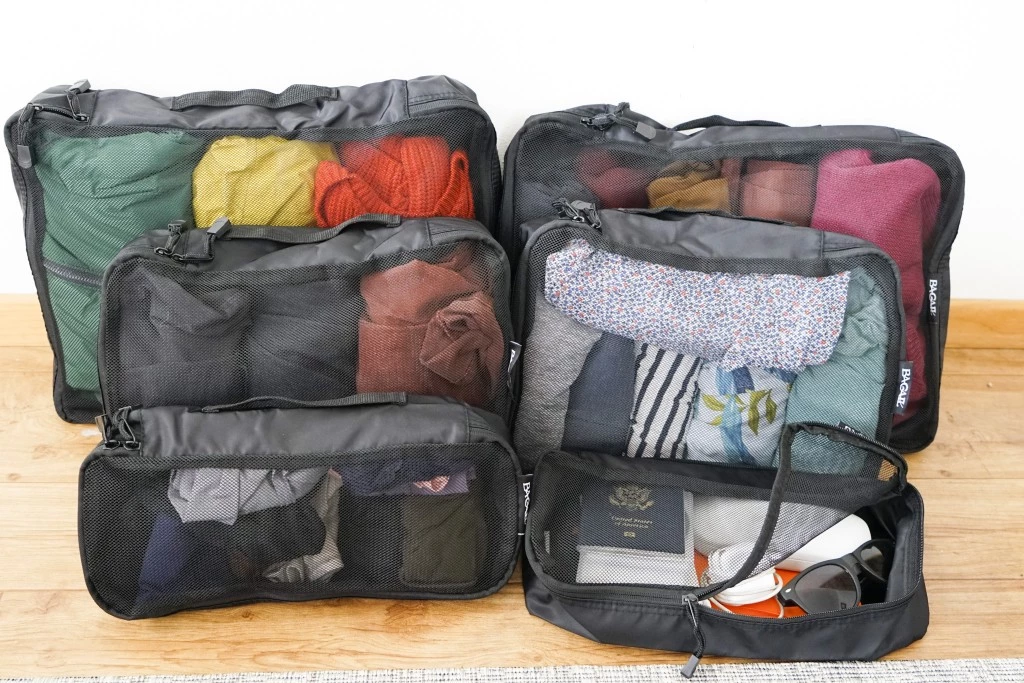 packing cubes - this set comes with two slim cubes, two medium, and two large.
