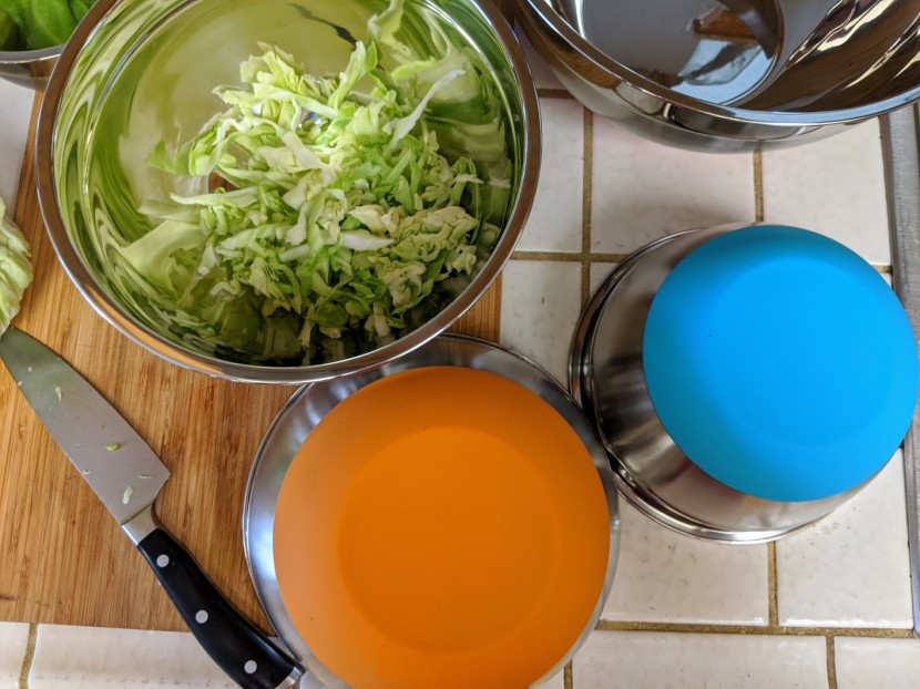mixing bowl - the colorful bottoms shown here during testing.