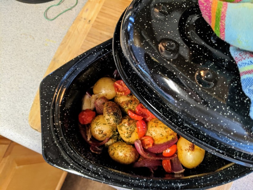 roasting pan - the graniteware steamed its contents to perfection.