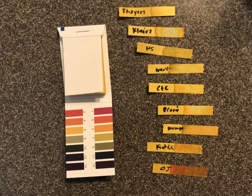 facial toner - heritage store was the most basic and kiehl&#039;s was the most acidic...