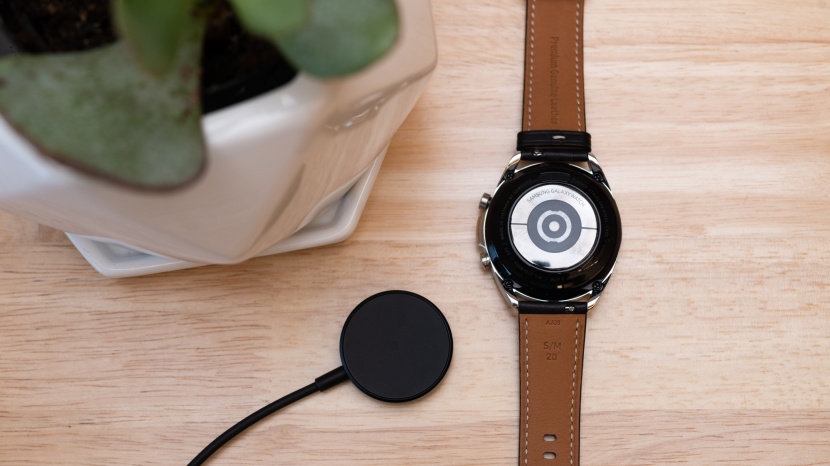 samsung galaxy watch 3 - the charger magnetically couples to the back of the watch.