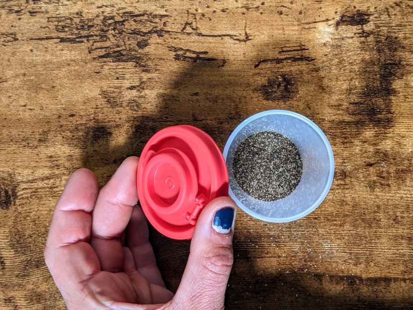 salt and pepper shakers - the plastic snap-on lid makes these shakers easy to fill.