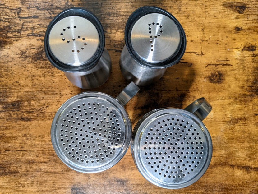 salt and pepper shakers - the opening on the dredge shakers is much wider than the juvale set...