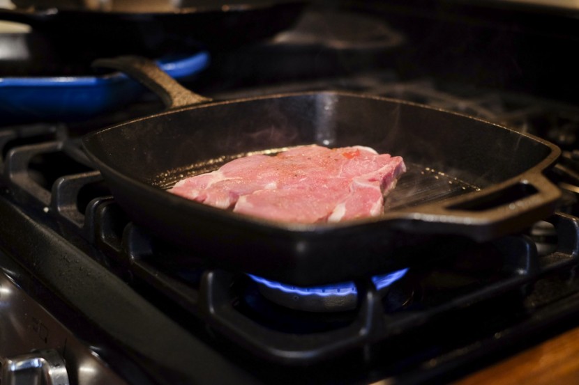 grill pan - the lodge putting a fine sear on a bone-in pork chop.