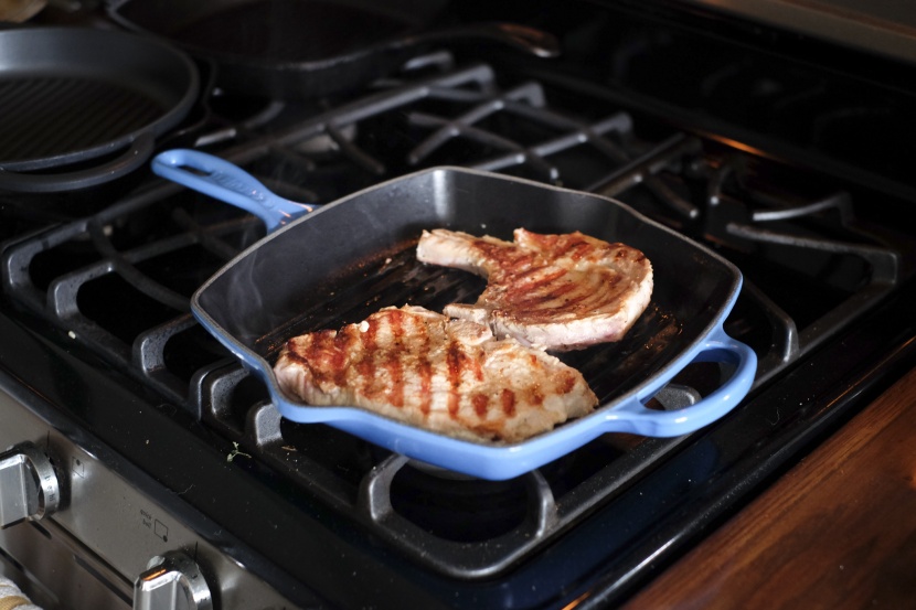 grill pan - the le creuset leaves fine grill marks on a pair of pork chops.
