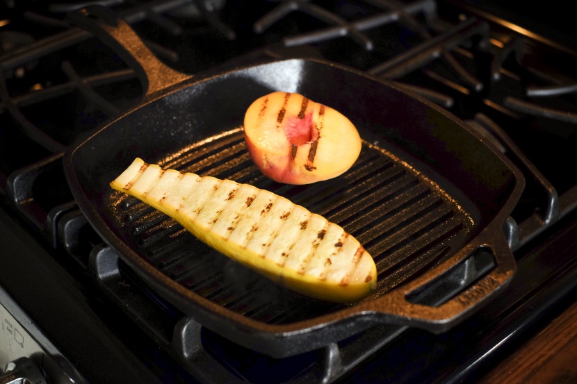 we tested the lodge pre-seasoned grill's ability to sear fruit and...