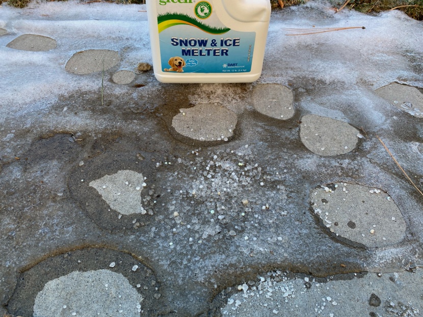 ice melt - salt lowers freezing temperatures but not by much. however, it adds...