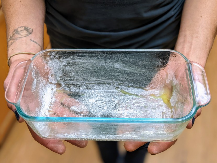 loaf pan - glass pans like the pyrex require thorough greasing and flouring...
