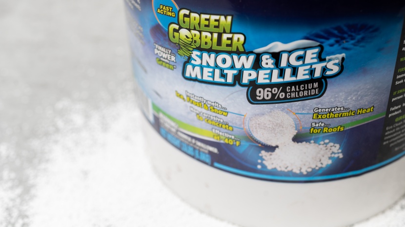 ice melt - fine-grained deicers such as this calcium chloride product do well...