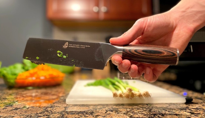 nakiri knife - a large, smooth bolster makes this knife comfortable to grip.