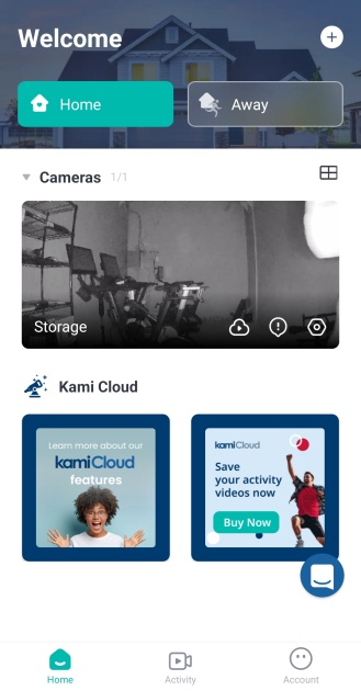 security camera - the yi app with its 'home' and 'away' setting buttons displayed.