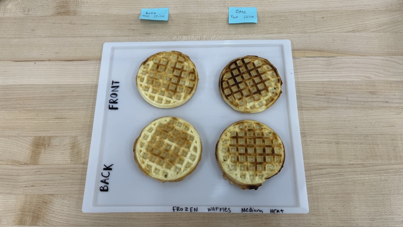 bella 2 slice - left: the bella 2 slice waffle testing at medium heat. right: the...
