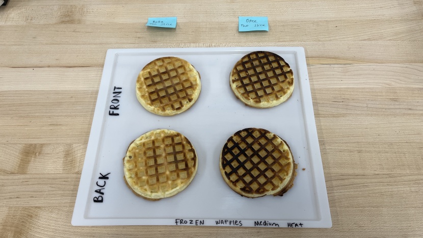 oster 2 slice - left: the bella 2 slice frozen waffle test medium heat. right: the...