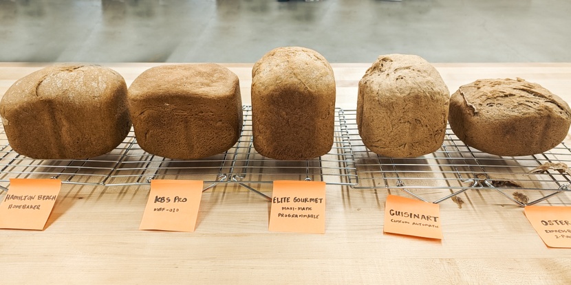 bread machine - comparing loaves of wheat bread. from left to right: hamilton...