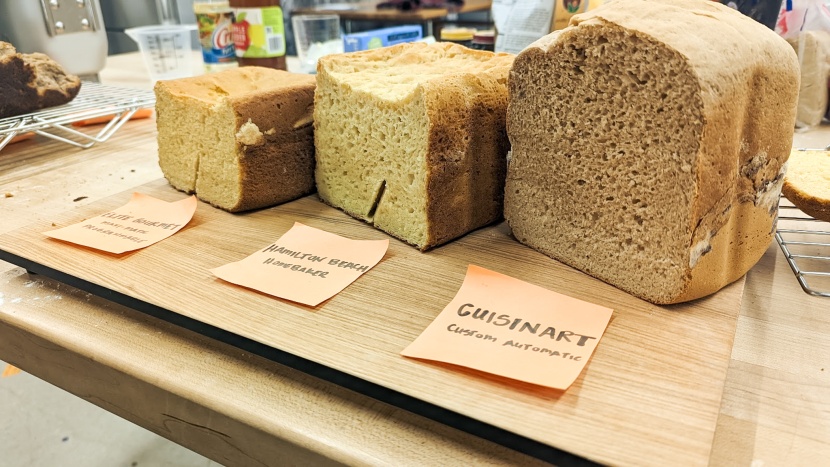 bread machine - comparing gluten free breads. from left to right: elite gourmet...