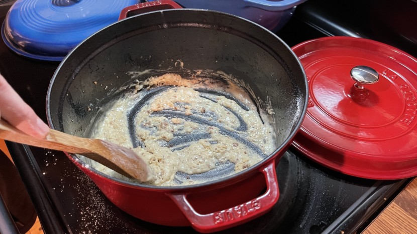 dutch oven - making a roux from the fond of some sausage in the staub.