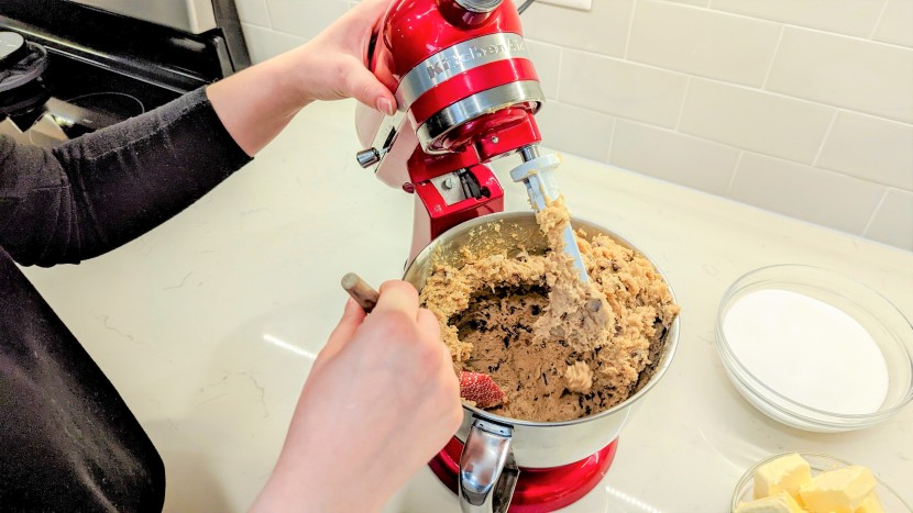 kitchenaid artisan mini - scraping the bowl after our cowboy cookie recipe got away from us...