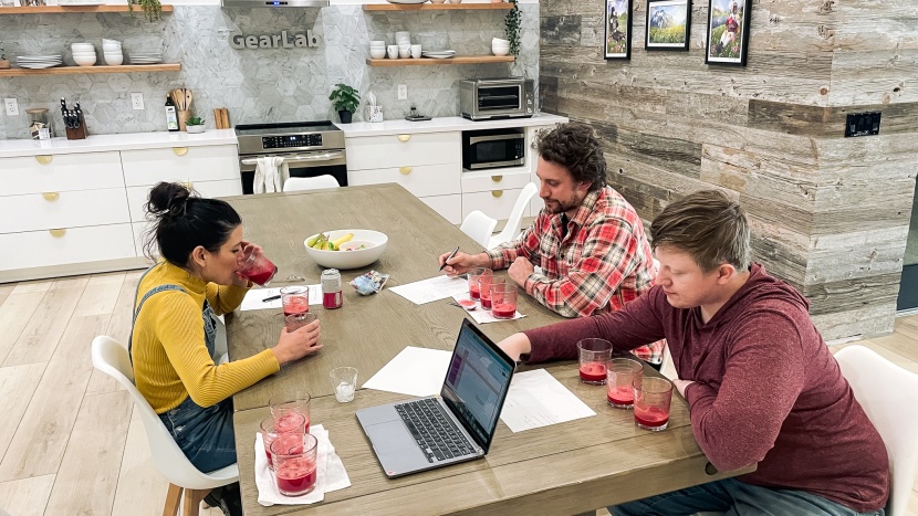 juicer - our test panel sipping and taking notes on our sunset blend juice...