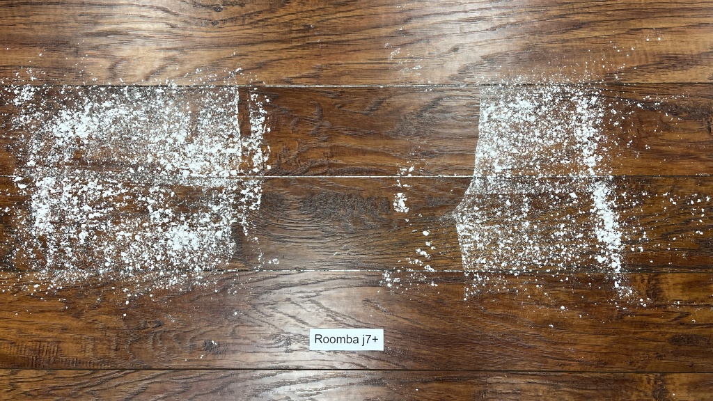 irobot roomba j7+ - cleaning flour off of hardwood floors.