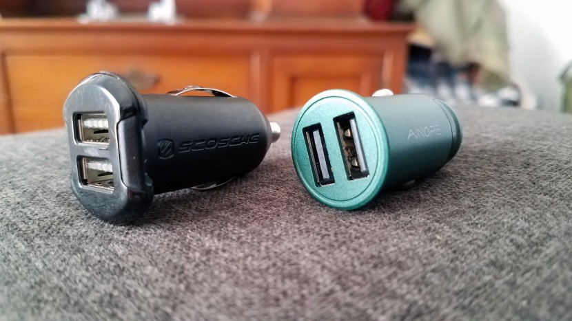 car charger - the two smallest models we tested, the scosche and the ainope.
