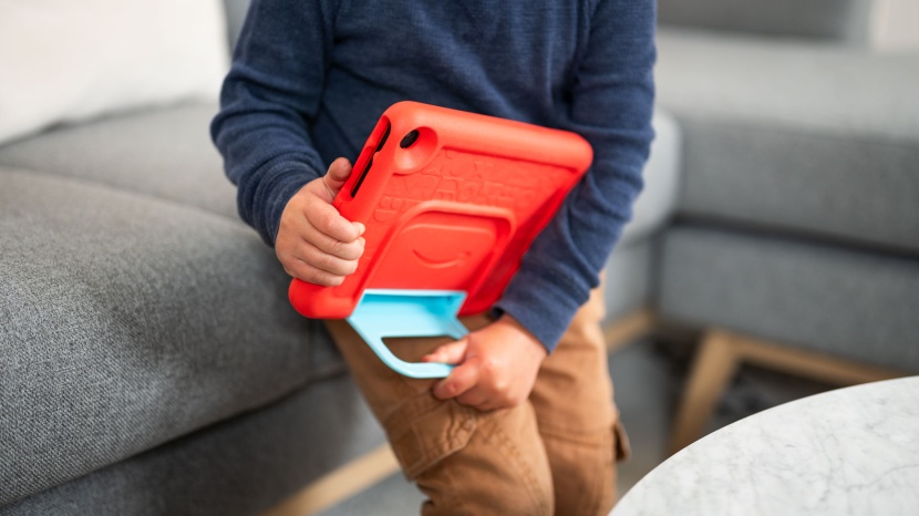 amazon fire 7-inch kids (2022) - the handle doubles as a stand. it sits flush with the tablet when...